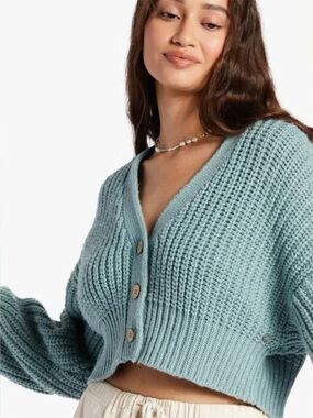 Roxy Sundaze Button-Up Cropped Cardigan Blue Chunky Knit Women Size L